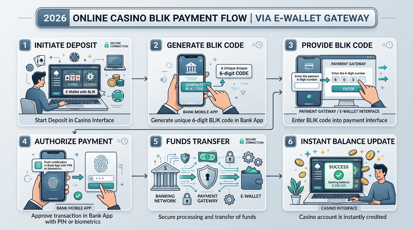 Infografika przedstawiająca proces płatności BLIK w kasynie online przez bramkę płatniczą