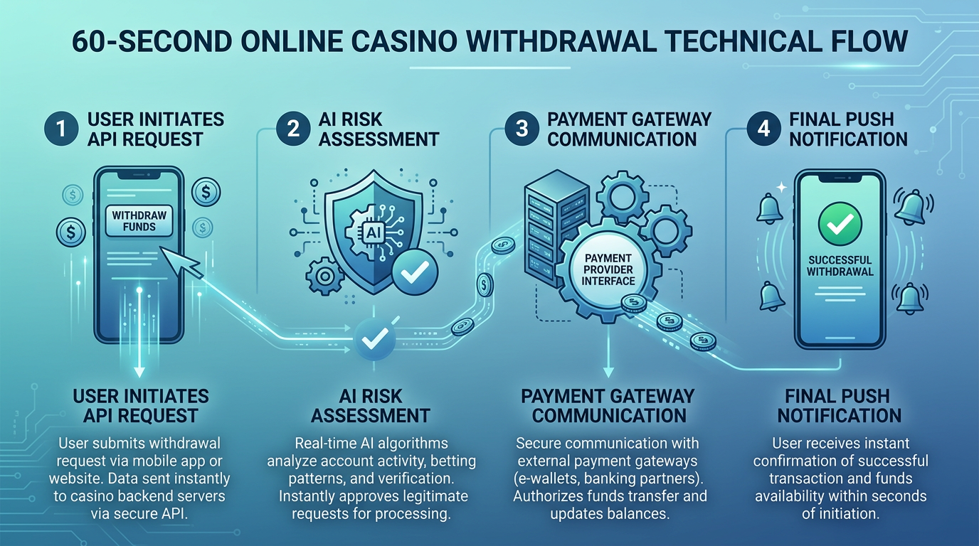 Infografika przedstawiająca 60-sekundowy proces techniczny wypłaty z kasyna online
