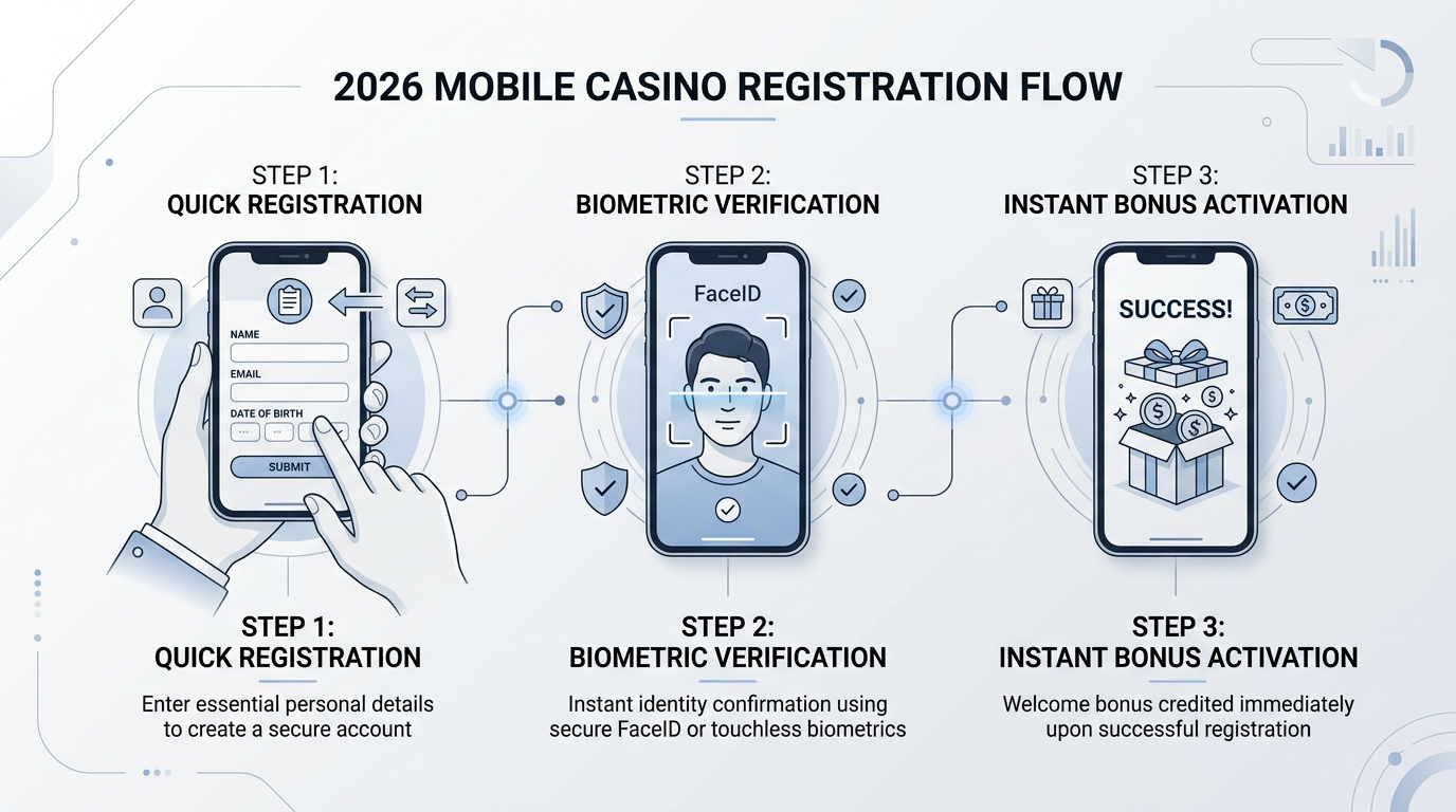 Infographic showing the 2026 mobile casino registration and biometric verification process