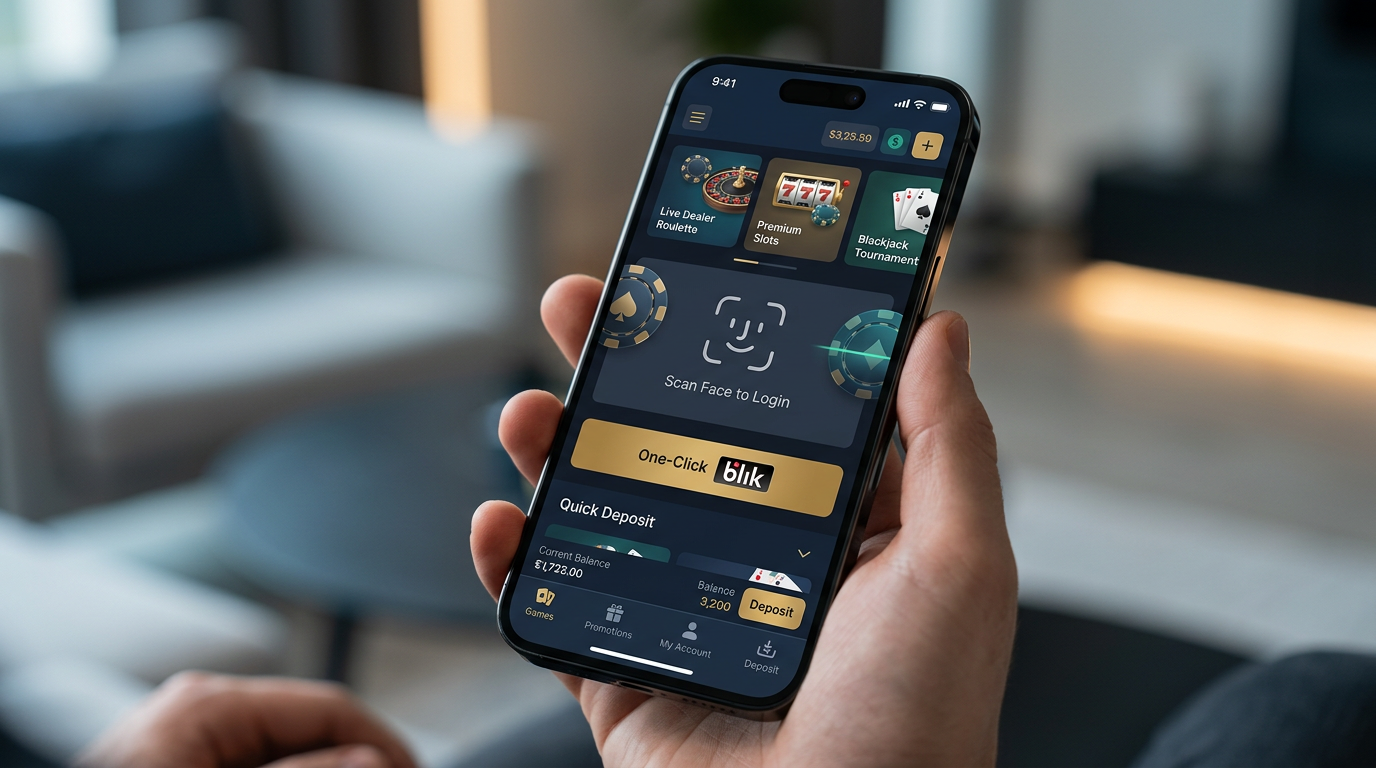 Nowoczesny interfejs kasyna mobilnego z logowaniem biometrycznym i szybką płatnością BLIK