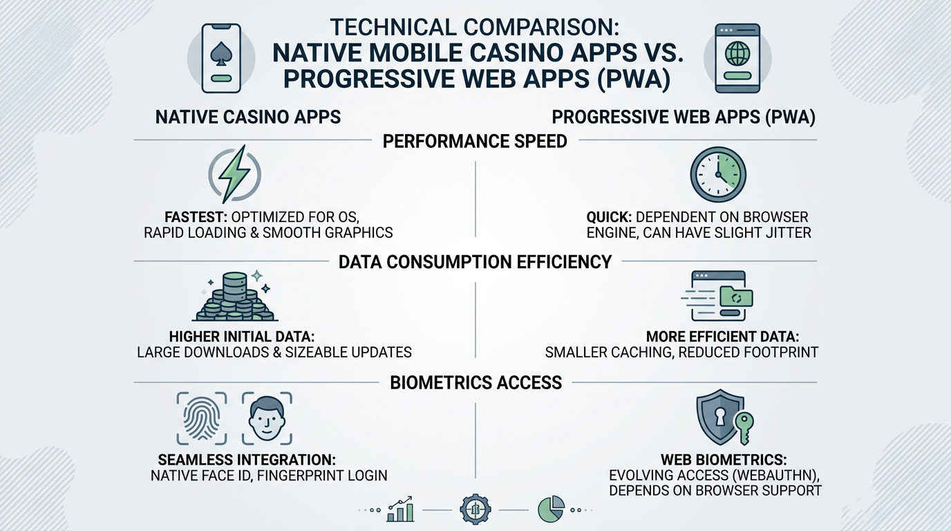 Infografika porównująca parametry techniczne aplikacji natywnej i wersji PWA w kasynach mobilnych